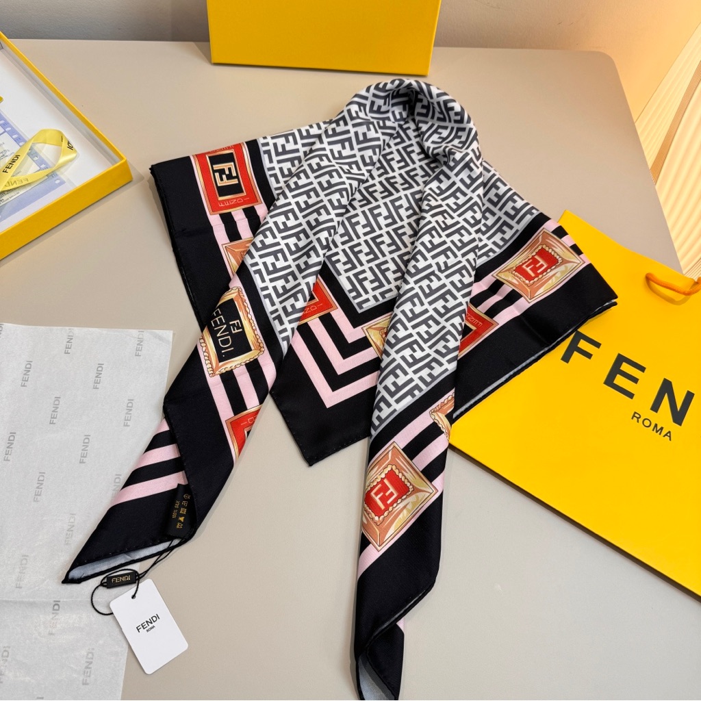 Fendi Silk Scarf With Grey/Black Zucca Ff Monogram & Color Border